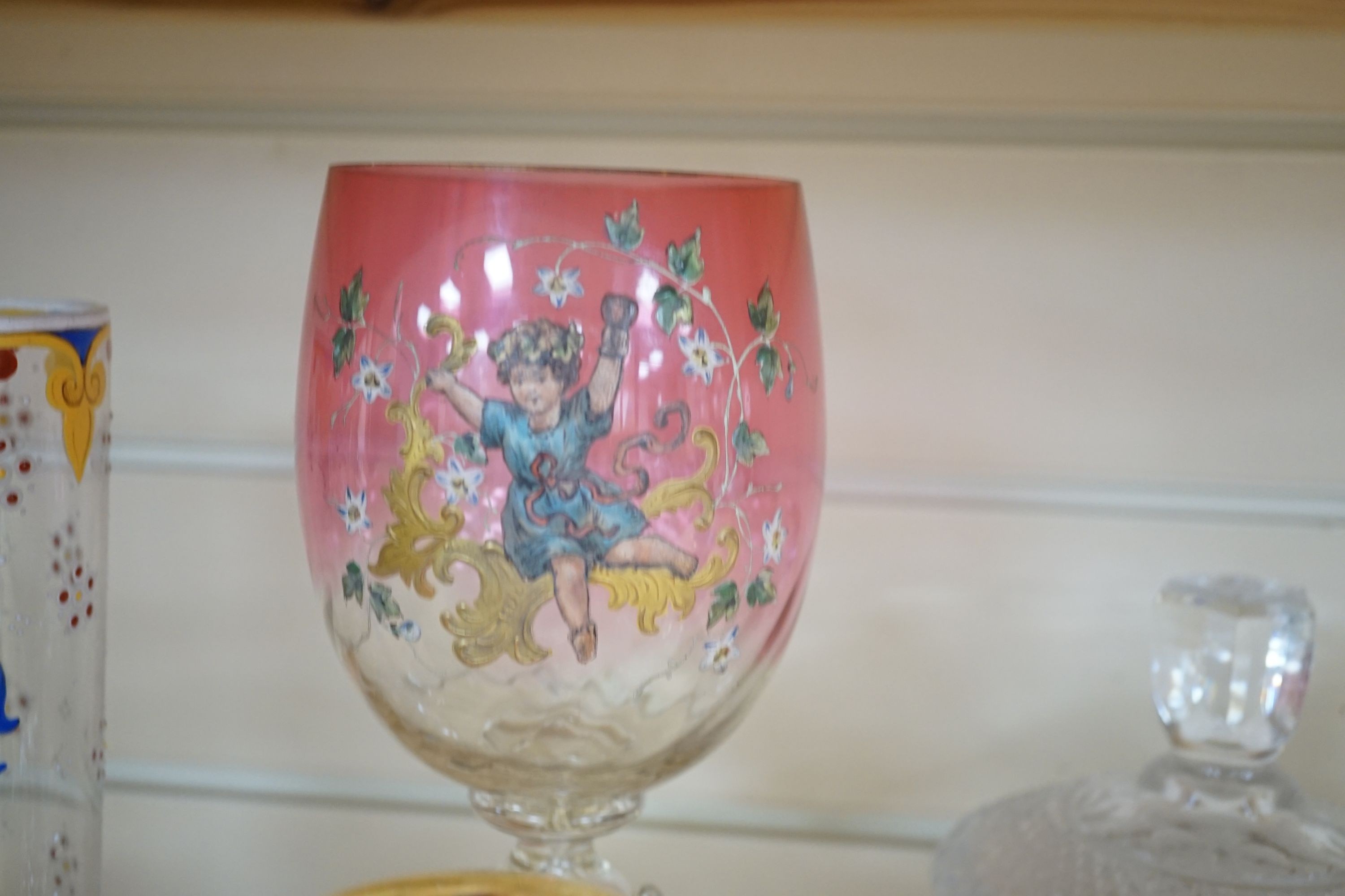 A wheel engraved Bohemian blue and yellow glass goblet, a similar gilded beaker in the manner of Anton Kothgasser, other bohemian cut glass, Moser, an 18th century Dutch soda glass, etc